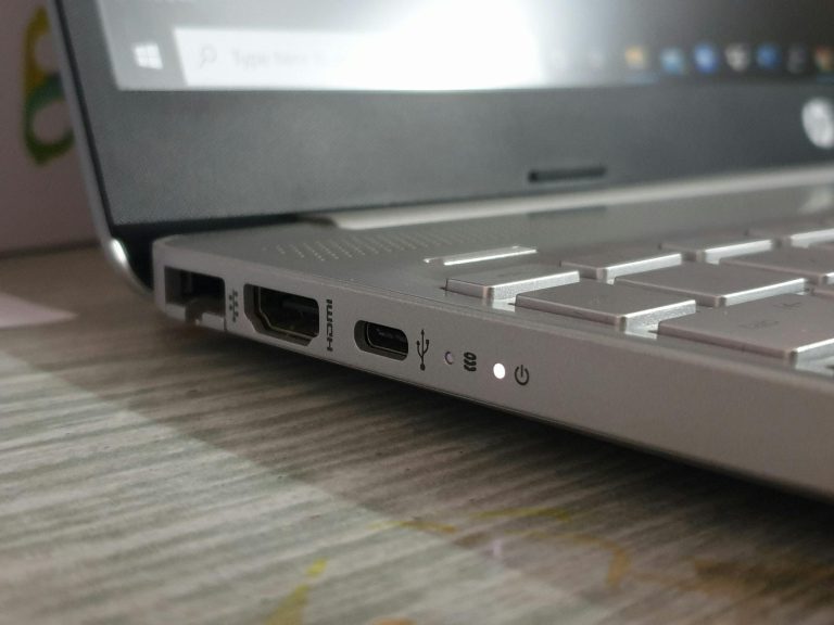 Detailed view of laptop ports, showcasing modern connectivity options.